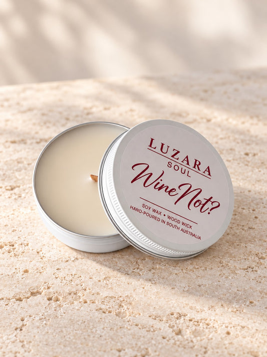 Wine Not? 60g travel tin soy candle, lid open